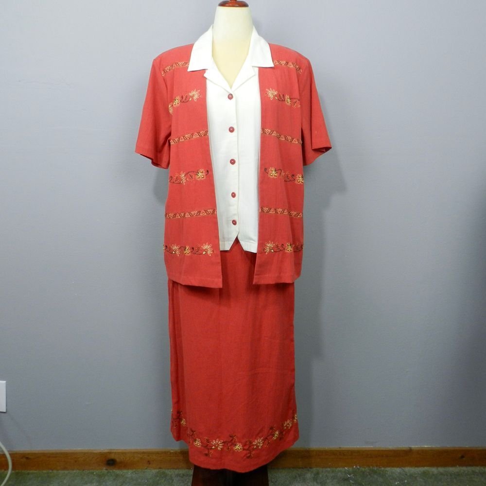 Alfred Dunner Skirt Set Size 16 Embroidered Floral Modest Western‎ Boho Granny